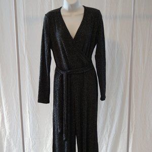 SheKiss Womens V-Neck Sparkly Long Sleeve Jumpsuit, Silver/Black, Lg